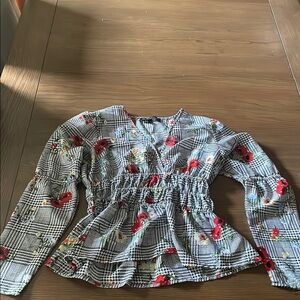 Derek Heart Gray and White Smocked Floral Blouse